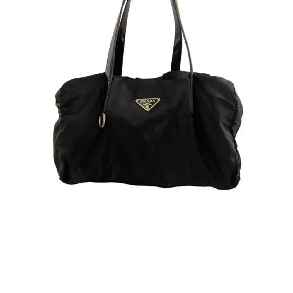 Vintage Prada Zip Satchel Tessuto in Black with Patent Leather Handles